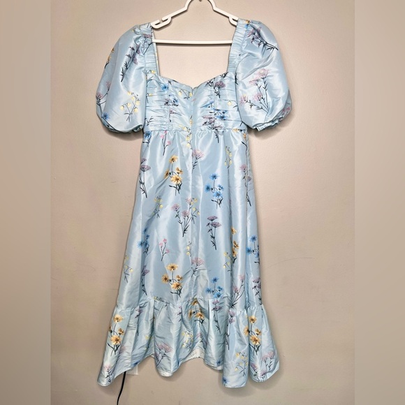 NWOT Self-Portrait Watercolor Taffeta Blue Puff Sleeve Floral Midi Dress Size 6 - Picture 7 of 8